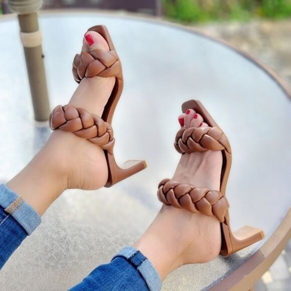 Women's Tan Double Braided Square Toe Mule Low Heel Sandal - Picture 1 of 5